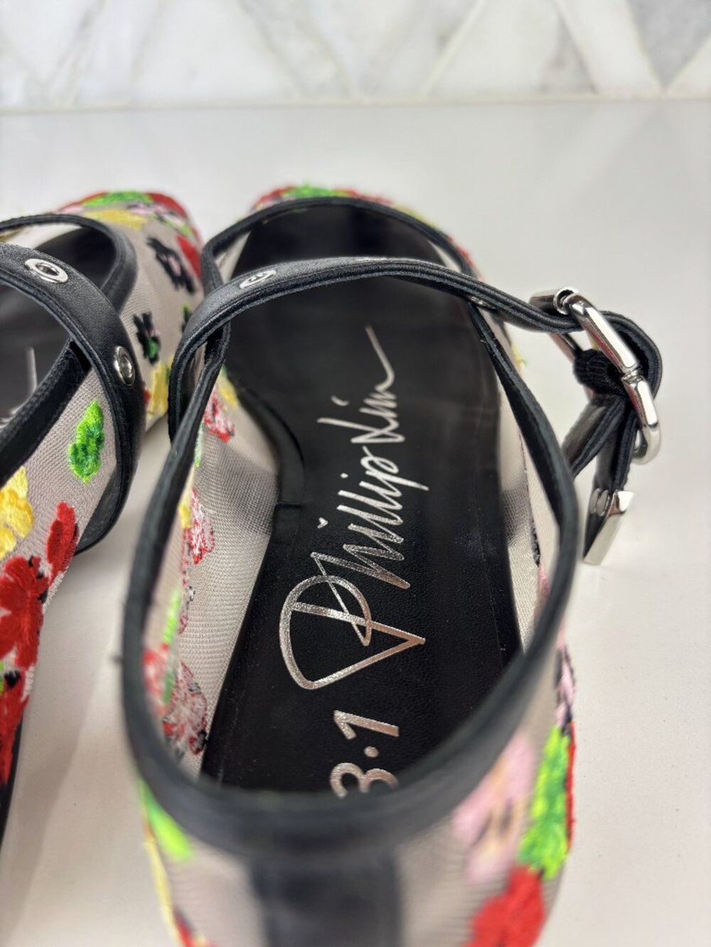 36 Phillip Lim ID Flowerworks Mesh Flat Embroidered Floral Square Toe Leather - Picture 9 of 13